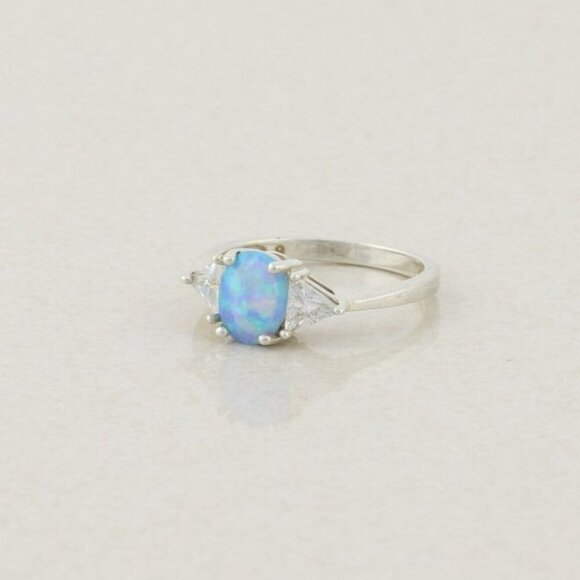 Sterling Silver Blue Opal and Cubic Zirconia Ring Size 6 1/4 - Picture 3 of 8